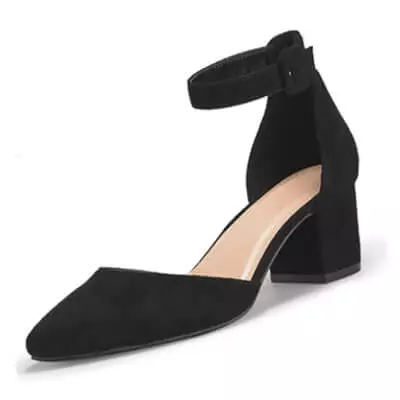 LAICIGO pointed toe low heel pumps with ankle strap buckle block heel