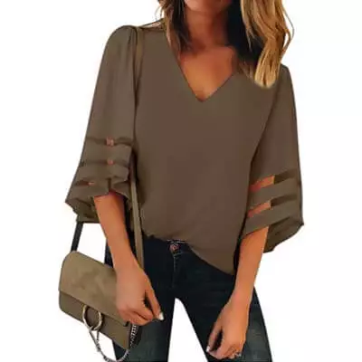 v neck mesh panel blouse bell sleeve loos Fashionable Tops to Wear with Jeans