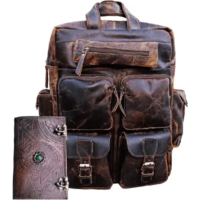 Buffalo Leather Backpack Multi Pockets Daypack